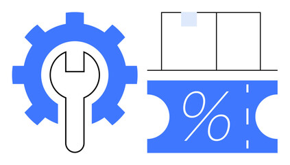 Obraz premium Gear and wrench icon paired with a box and percentage label. Ideal for discount offers, inventory management, equipment maintenance, logistics optimization, technical support, product sales