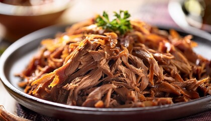 Macro shot of slow-cooked pulled pork, with tender fibers glistening in savory juices, highlighting the juicy, melt-in-your-mouth texture.