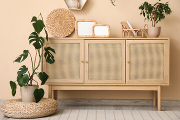 Interior of living room with chest of drawers and houseplants near beige wall