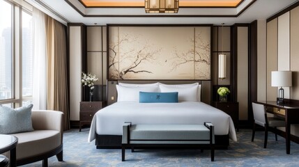Luxury hotel bedroom with city view, perfect for relaxation and business