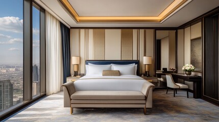 Luxury penthouse bedroom, city view, elegant decor, hotel suite