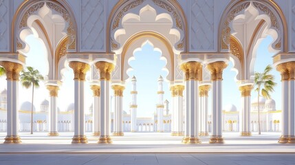 Obraz premium Mosque courtyard, sunrise, arches, columns, Middle East, architecture, travel, serenity
