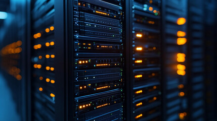 A modern digital high-tech data center featuring robust network switches and glowing digital cables, symbolizing advanced technology, connectivity, and the backbone of the digital world.

