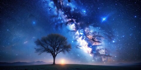 Solitary Tree Silhouetted Against a Breathtaking Celestial Canvas of Stars and the Milky Way Galaxy