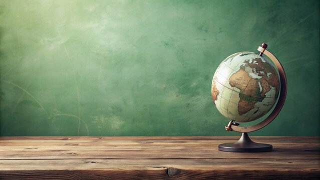 A vintage globe rests on a rustic wooden desk against a weathered green chalkboard background, evoking a sense of exploration and learning.