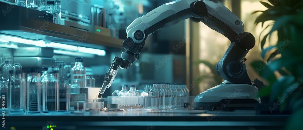 Poster ai-driven robotic arm performing experiments in a biotech lab -