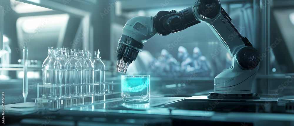 Aufkleber ai-driven robotic arm performing experiments in a biotech lab -
