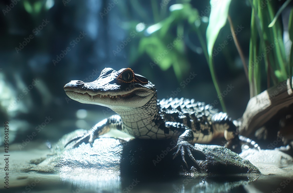 Poster captivating close-up of a small alligator resting on a rock surrounded by lush greenery in a tranqui