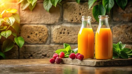 Refreshing Homemade Orange Juice in Glass Bottles with Fresh Raspberries and Mint