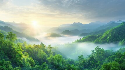 Lush green forested mountains are bathed in beautiful sunlight