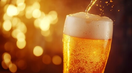Pouring beer into a glass with a foamy head against a warm, glowing background, ideal for beer ads, pub menus, and beverage promotions.