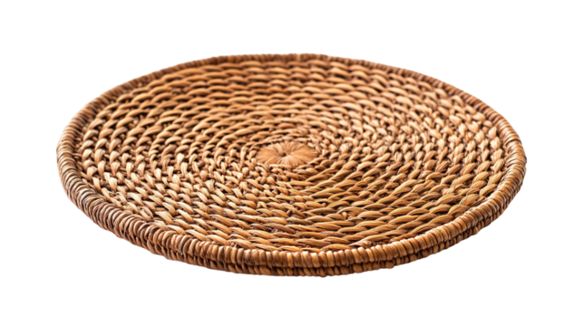 Handwoven rattan place mat isolated on transparent background, decorative png style mat for natural home decor and rustic dining table settings.