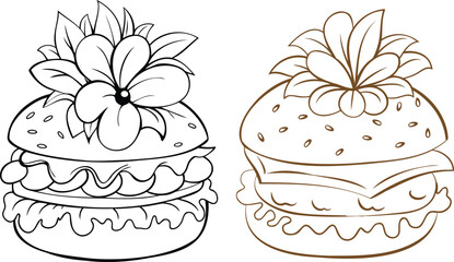 Botanical Flower Infused Burger Slices Line Art Vector Design for Books