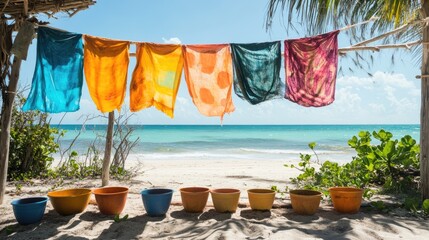 Vibrant dyed fabrics drying on a tropical beach, colorful pots in the foreground.
