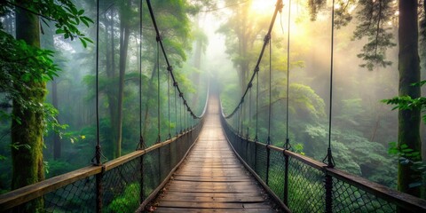 Obraz premium Wooden suspension bridge pathway through a mystical fog-laden forest at sunrise