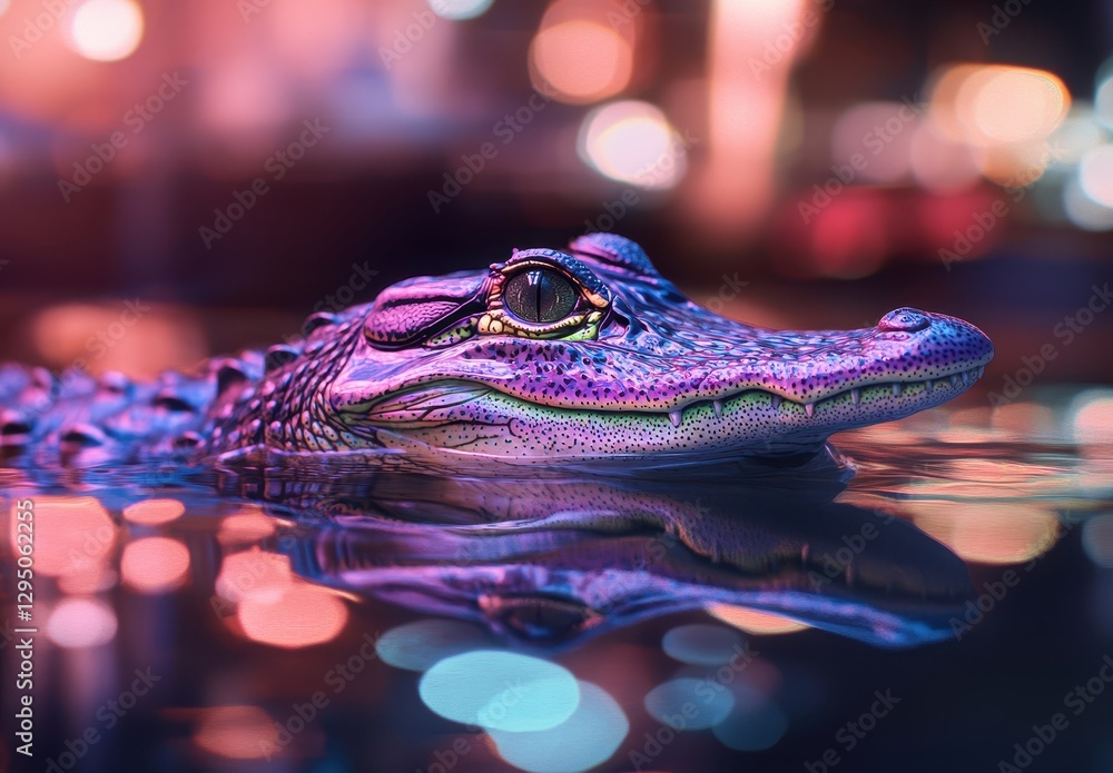 Aufkleber close-up of a colorful alligator in calm waters with bokeh background lighting