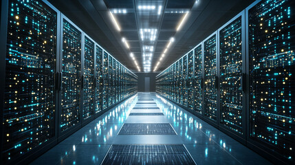 A modern digital high-tech data center featuring robust network switches and glowing digital cables, symbolizing advanced technology, connectivity, and the backbone of the digital world.

