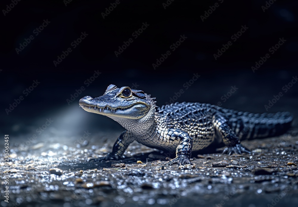 Poster close-up of a crocodile hatchling in an ethereal light setting, showcasing its intricate scales and 