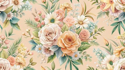 A Seamless Pattern of Exquisitely Rendered Botanicals Featuring a Lush Arrangement of Roses, Daisies, and Other Delicate Blooms in a Soft, Earthy Color Palette