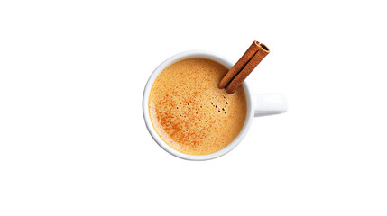 Top view of ceramic mug filled with pumpkin spice latte and cinnamon stick on white png background, perfect for fall and seasonal beverage designs.