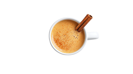 Top view of ceramic mug filled with pumpkin spice latte and cinnamon stick on white png background, perfect for fall and seasonal beverage designs.