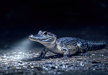 Close-Up of a Crocodile Hatchling in an Ethereal Light Setting, Showcasing Its Intricate Scales and Unique Features in a Natural Environment