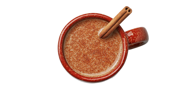 Top view of ceramic mug filled with pumpkin spice latte and cinnamon stick on white png background, perfect for fall and seasonal beverage designs.
