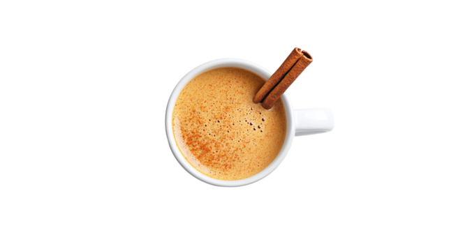 Top view of ceramic mug filled with pumpkin spice latte and cinnamon stick on white png background, perfect for fall and seasonal beverage designs. - Powered by Adobe