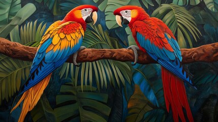 Obraz premium Red parrots with blue and yellow feathers perched on tree branches