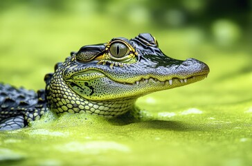Fototapeta premium Close-up of a Detailed Alligator Emerging from Green Marsh Water Surrounded by Algae and Natural Elements in a Lush Environment