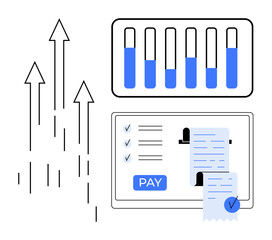Progress bars, arrows pointing upwards, and digital payment options with receipts. Ideal for financial growth, online transactions, business analytics, performance tracking, economic development