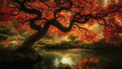 Fototapeta premium Majestic autumnal Japanese Maple tree beside calm pond.