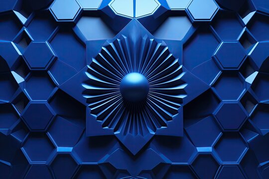 Cobalt Hexagonal Abstract Background with Central Radial Design and 3D Illustration