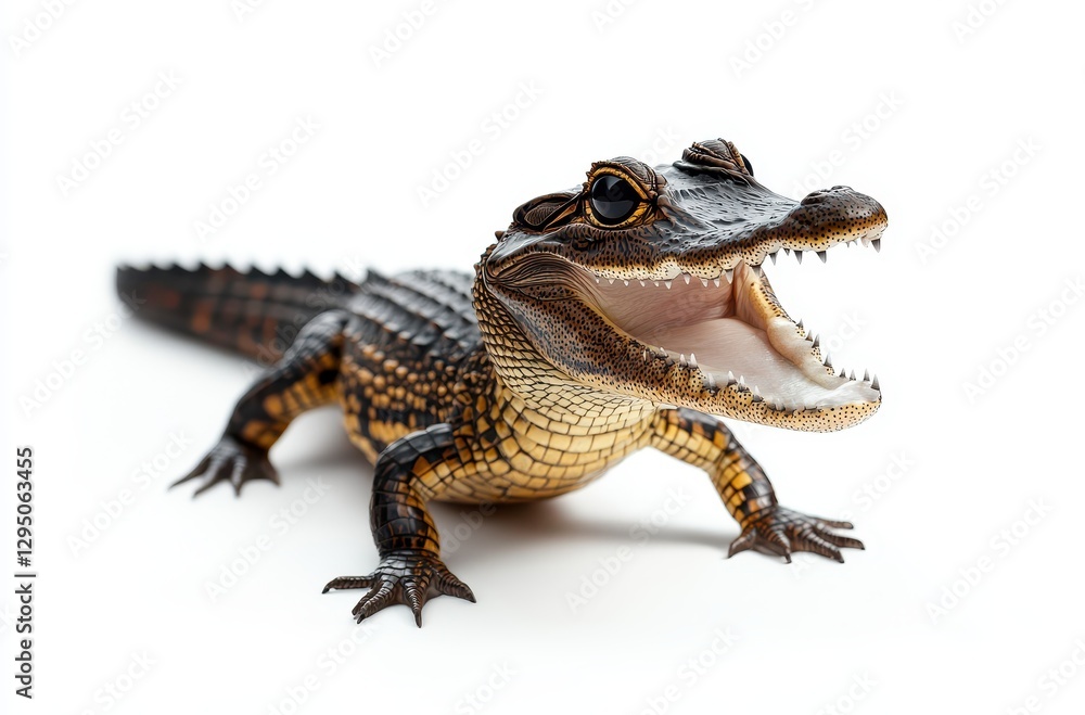 Poster close-up of a realistic alligator model with open mouth and sharp teeth on white background