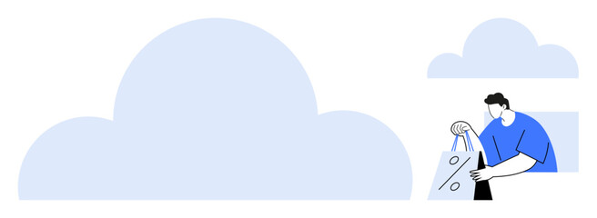 Man holding a shopping bag featuring a discount percentage symbol. Ideal for e-commerce, online shopping, cloud technology, sales promotion, digital marketing, customer engagement, retail industry