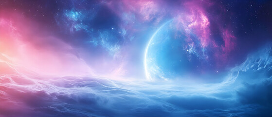 Artistic sci-fi landscape with futuristic elements, dreamy cosmic background  - 