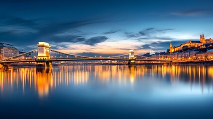 Dramatic night skyline of budapest urban beauty in wide angle
