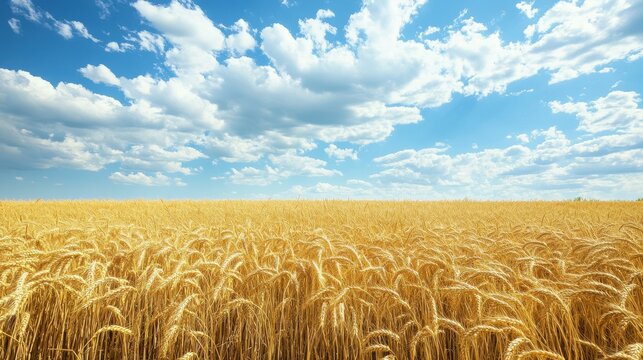 A vast, golden wheat field stretches under a bright blue sky, dotted with fluffy white clouds above.