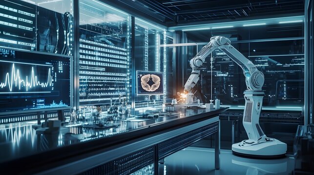 Futuristic medical lab advanced robotics & sci-tech innovating healthcare