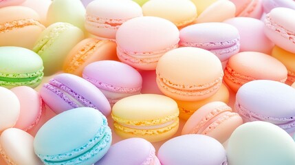 Fototapeta premium Many colorful macarons of various pastel colors are displayed closely together