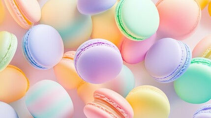 Colorful pastel macarons scattered across a soft white background design