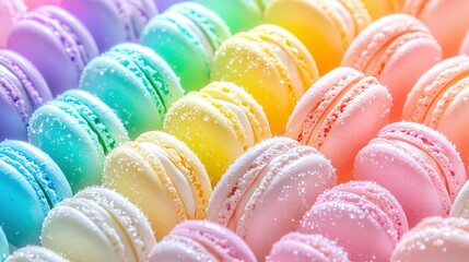 Obraz premium Colorful delicious french macarons are arranged in neat diagonal rows