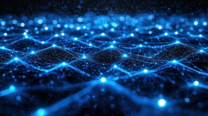 Abstract digital network, glowing blue, dark background, data flow