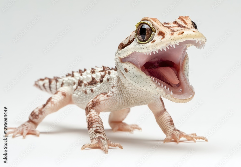 Poster close-up of a white and brown lizard with open mouth displaying teeth, showcasing unique features an