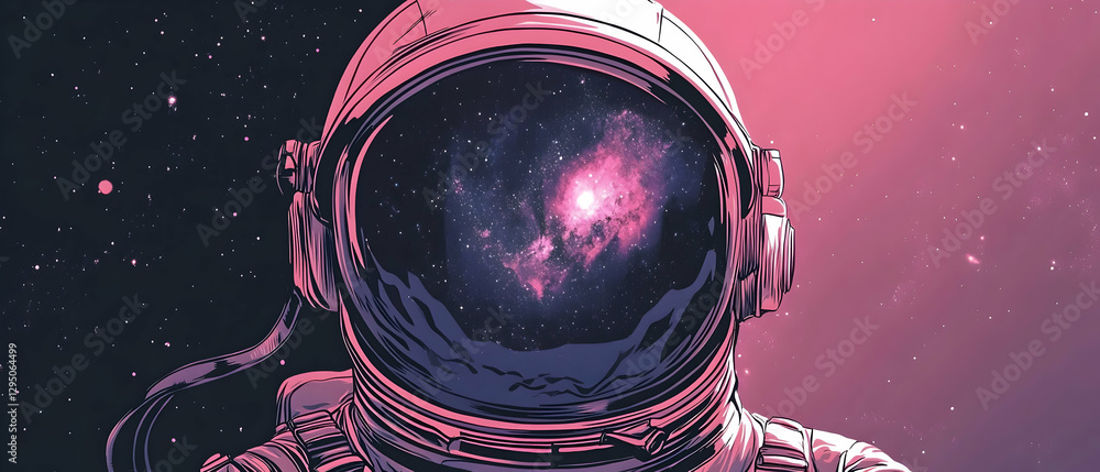 Poster astronaut portrait with galaxy and nebula reflection in helmet, deep space exploration -