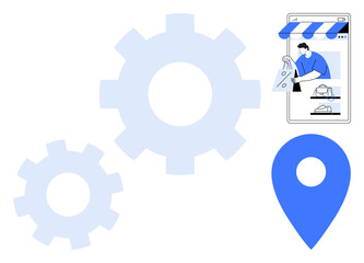 Gear settings of varying sizes, a pin location marker, and a mobile shopping interface with a person holding a shopping bag. Ideal for online shopping, e-commerce, digital marketing, location