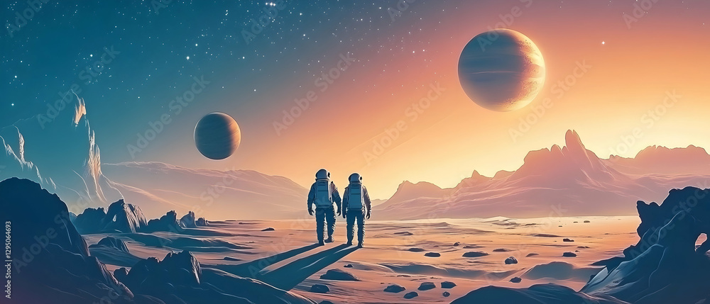 Poster astronauts exploring planets in outer space, deep space adventure concept -