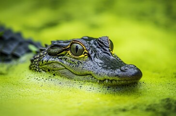 Fototapeta premium Close-Up of Alligator Head Emerging from Green Water in Wild Habitat, Captivating Eyes and Textured Skin, Nature Wildlife Photography