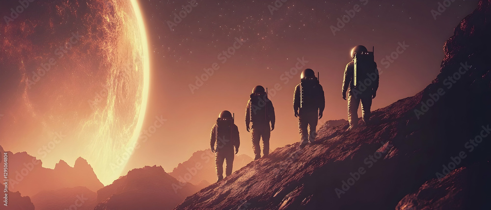 Aufkleber astronauts exploring planets in outer space, deep space adventure concept -