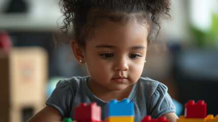 Close-up portrait of a biracial toddler girl, playing with building blocks, copy space